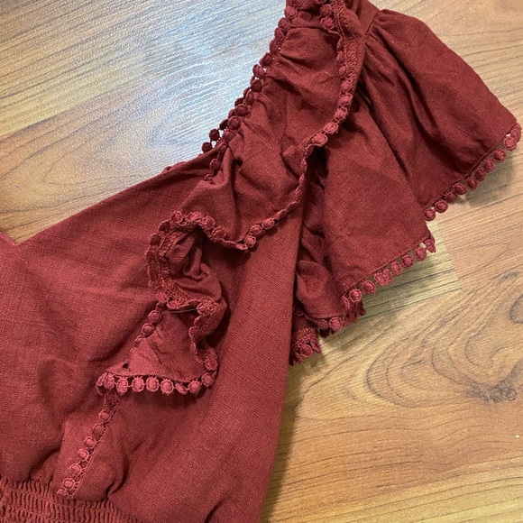 EXPRESS dark red linen blend crop top and pull on skirt 2 piece set outfit Small - Picture 6 of 11